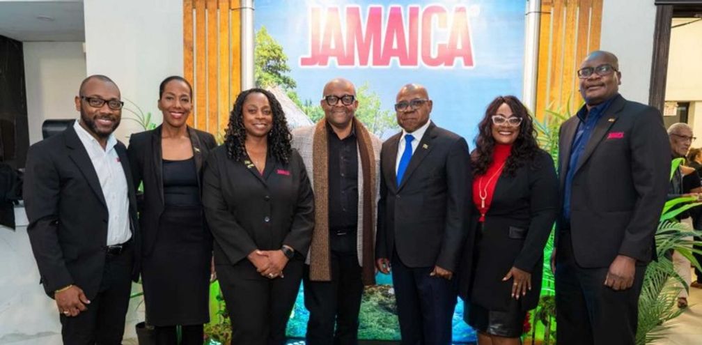 Pictured from left: Oral Chambers, Fiona Fennell and Racquel Queensborough of the Jamaica Tourist Board; Jamaica’s Director of Tourism Donovan White; Tourism Minister Edmund Bartlett; and Jamaica Tourist Board’s Angella Bennett and Dan Hamilton.