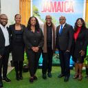 Pictured from left: Oral Chambers, Fiona Fennell and Racquel Queensborough of the Jamaica Tourist Board; Jamaica’s Director of Tourism Donovan White; Tourism Minister Edmund Bartlett; and Jamaica Tourist Board’s Angella Bennett and Dan Hamilton.