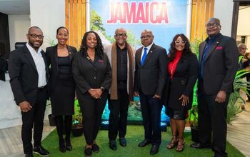 Pictured from left: Oral Chambers, Fiona Fennell and Racquel Queensborough of the Jamaica Tourist Board; Jamaica’s Director of Tourism Donovan White; Tourism Minister Edmund Bartlett; and Jamaica Tourist Board’s Angella Bennett and Dan Hamilton.
