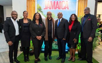 Pictured from left: Oral Chambers, Fiona Fennell and Racquel Queensborough of the Jamaica Tourist Board; Jamaica’s Director of Tourism Donovan White; Tourism Minister Edmund Bartlett; and Jamaica Tourist Board’s Angella Bennett and Dan Hamilton.