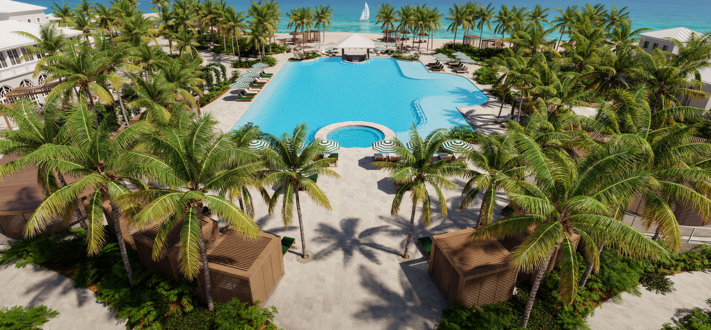 Image: Aerial rendering of the main pool at Sandals South Coast, where lush palms and meandering walkways frame a serene poolside retreat. (Photo Credit: Sandals Resorts)