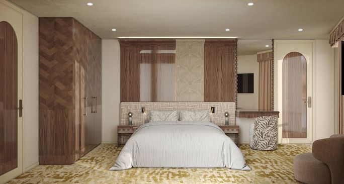 Rendering of a stateroom inside the AmaNubia. AmaWaterways, AmaNubia, nile river cruise ship, new river cruise ship 2026