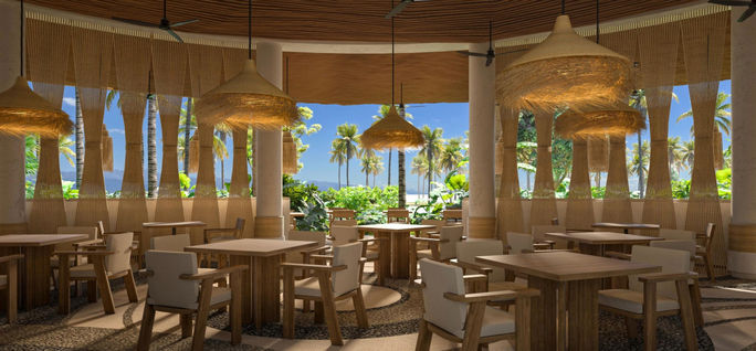 Rendering of the Oceana restaurant inside the Secrets Playa Blanca Costa Mujeres resort. Hyatt Hotels, Secrets resorts, secrets playa blanca costa mujeres, adults-only resorts in costa mujeres, costa mujeres resorts