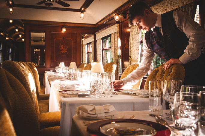 Dining car aboard the Belmond Royal Scotsman in Scotland.