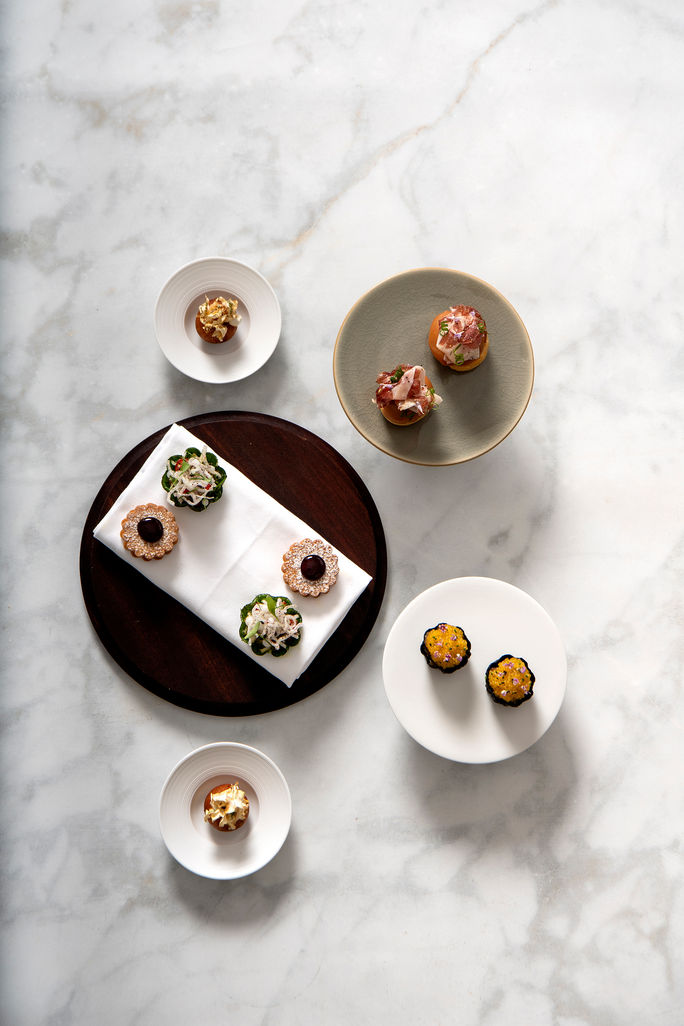 Assorted canape from the MICHELIN-starred Victoria & Albert's restaurant inside Disney's Grand Floridian Resort & Spa. Walt Disney World Resort, victoria & albert's, grand floridian resort & Spa, michelin star