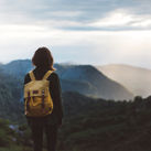 A traveler hiking