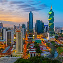 The evening skyline of Panama City, Panama.
