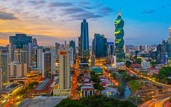 The evening skyline of Panama City, Panama.