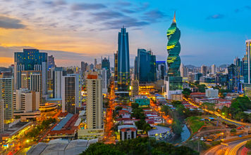 The evening skyline of Panama City, Panama.