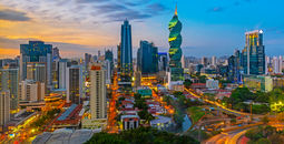 The evening skyline of Panama City, Panama.
