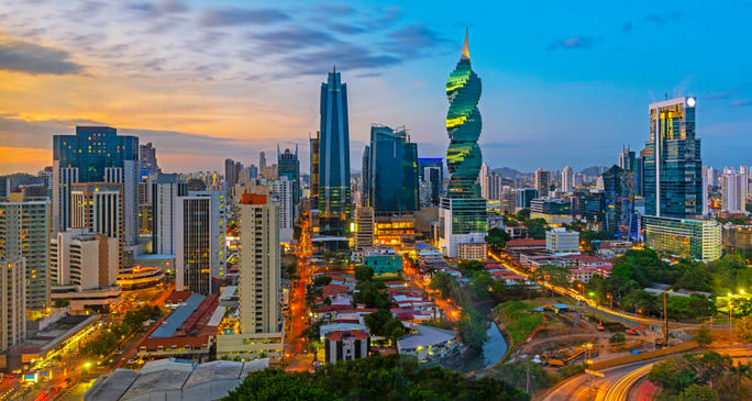 The evening skyline of Panama City, Panama.