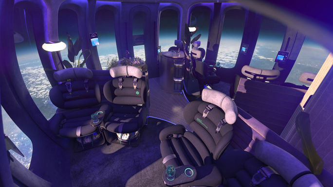Interior of the Spaceship Neptune's Space Lounge, with comfortable reclining seats, a bar and even a restroom. space travel, space tourism, Spaceship Neptune, Space Lounge, Space Perspective