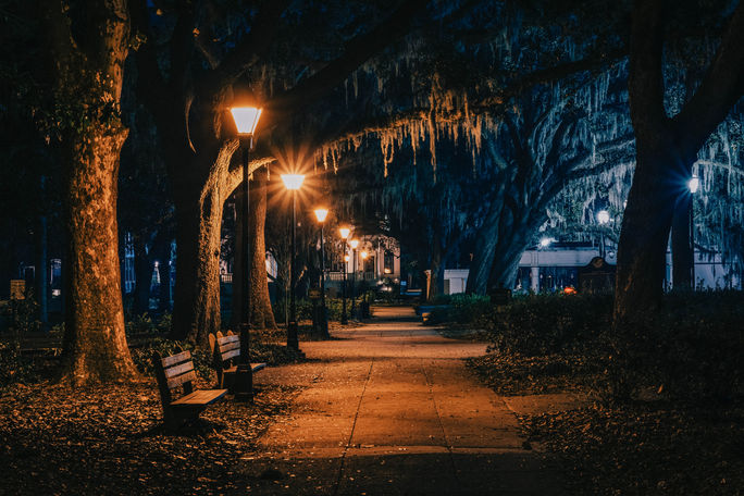 One of the many squares rumored to be haunted in Savannah, Georgia