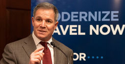 Geoff Freeman, President and CEO of the U.S. Travel Association, speaks to a crowd in Washington, DC