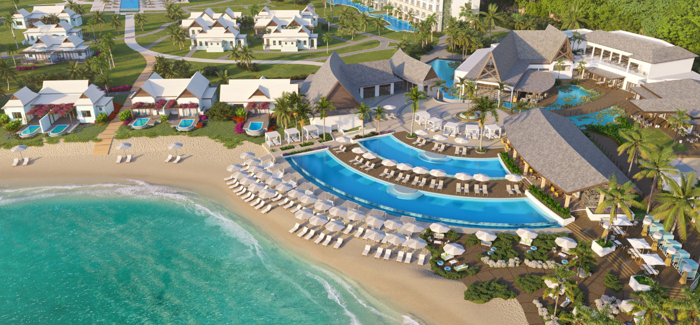 Image: A rendering of the double crescent-shaped infinity pool at the Sandals Saint Vincent and The Grenadines. (Photo Credit: Sandals Resorts)