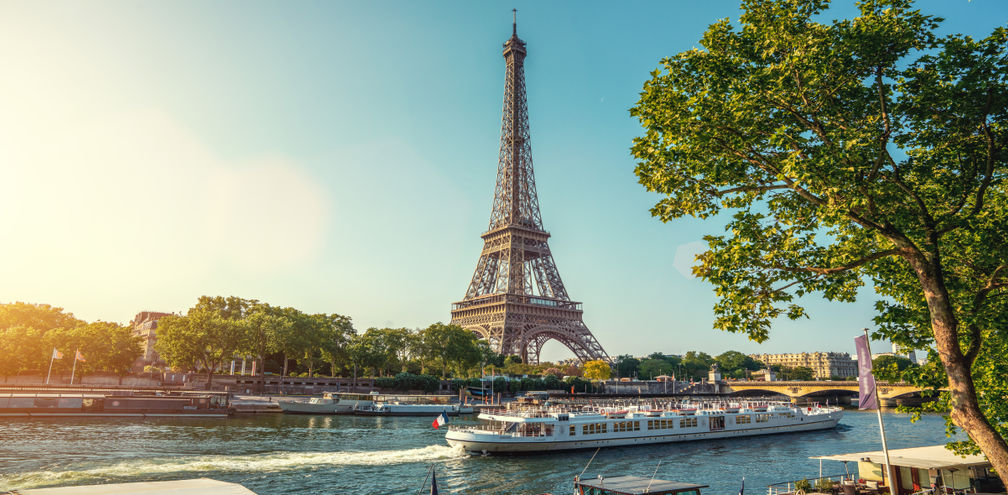 The Eiffel Tower viewed over the Seine River in Paris, France