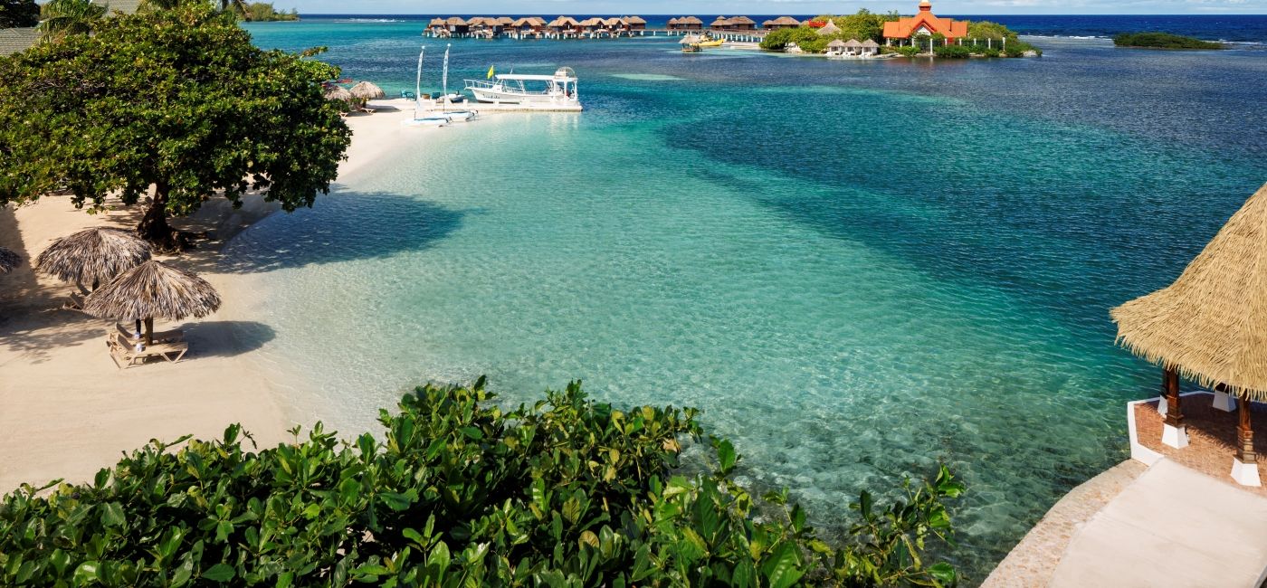 Image: Aerial view of the beach at the Sandals Royal Caribbean. (Photo Credit: Sandals Resorts)