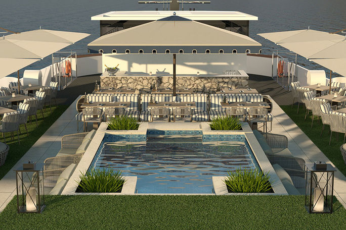 Rendering of a swimming pool, deck seating, a full bar with dining service on new ships. Rendering of a swimming pool, deck seating, a full bar with dining service on new ships.