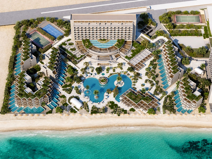 Aerial rendering of the MGallery Rhodes. Accor, MGallery, MGallery Rhodes, Rhodes resorts, Rhodes hotels, new resorts 2027, resorts in greece