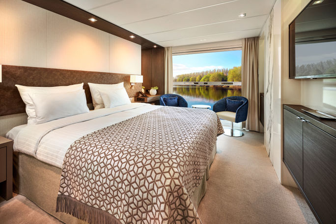 A B-1 category stateroom aboard the Amadeus Riva. A B-1 category stateroom aboard the Amadeus Riva.