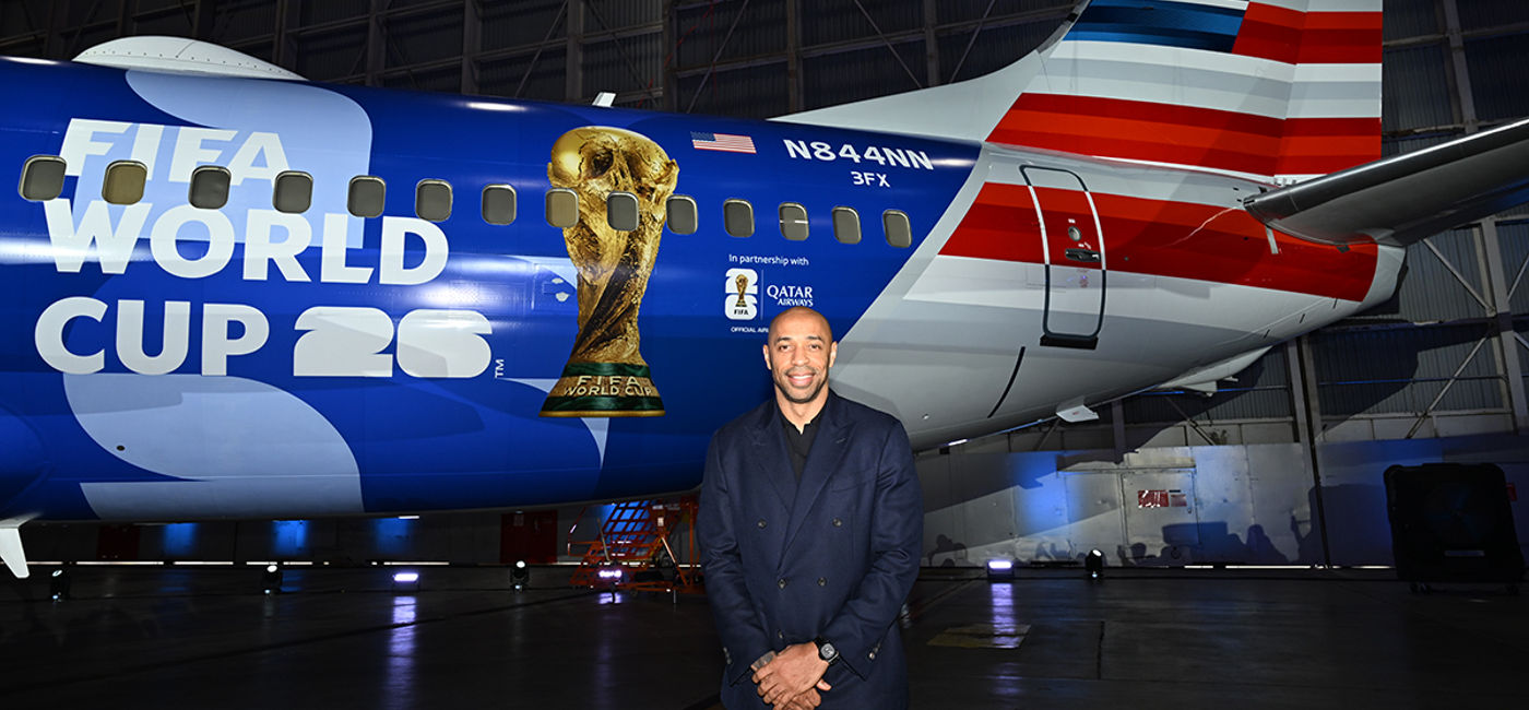 Image: Thierry Henry celebrates American Airlines as the Official North American Airline Supplier of the FIFA World Cup 26™, in partnership with Qatar Airways, Global Airline of FIFA. (Photo Credit: Photo: Michael Simon/American Airlines)