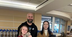 Joey Gibbs and his daughter meet the bunny’s young owner at YEG, a reunion arranged by WestJet.