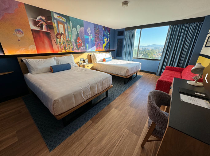 Standard room in Pixar Place Hotel pixar, place, hotel, disney, disneyland, california, cali, anaheim, kids, children, family friendly, vacation destination, movies, animation, fun, toy story, cars, finding nemo, dory, mural
