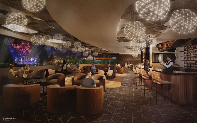 Eine Künstlerin des Innenraums der neuen Lounge der neuen Erwachsenen, die in Disney World's Epcot: GEO-82 kommt. Walt Disney World, Geo-82, Epcot