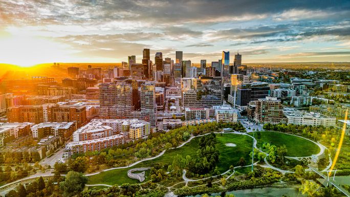 Denver skyline at sunrise.
