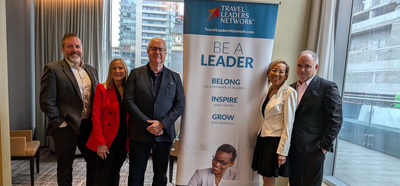 Image: L–R: Cory Voss, Travel Leaders Group; Pam Young, Internova Travel Group; Lindsay Pearlman, Travel Leaders Network; Christine James, Travel Leaders Network; Stephen McGillivray, Internova Travel Group (Photo Credit: Natasha Lair-McKenty)