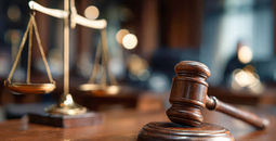 Gavel and scales displayed in a courtroom during legal proceedings