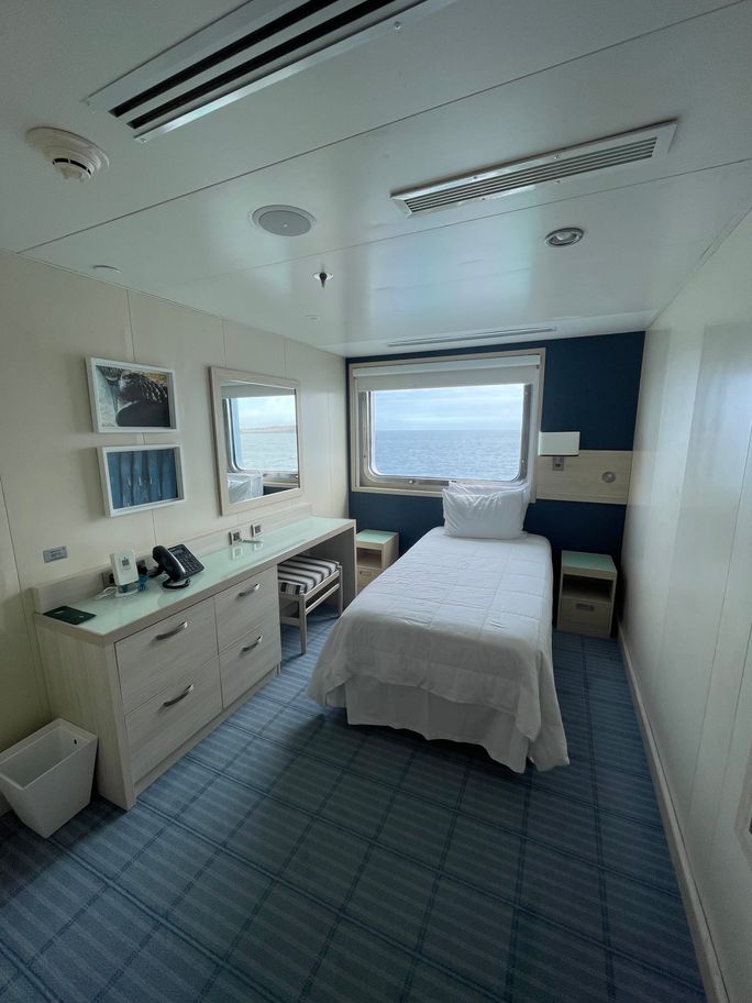 An Explorer Cabin for a solo traveler aboard the MS Santa Cruz II An Explorer Cabin for a solo traveler aboard the MS Santa Cruz II