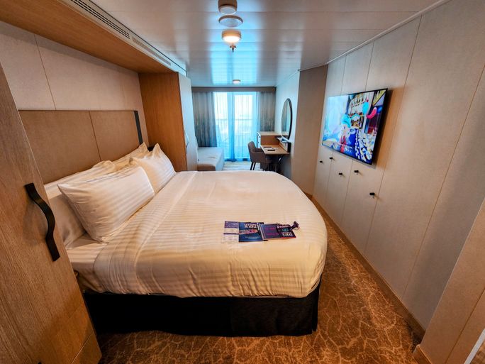 An Ocean View Balcony stateroom aboard Utopia of the Seas.