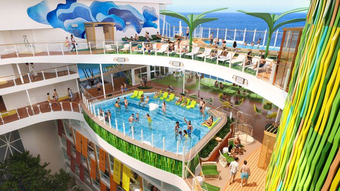 Rendering of the new Coconut Cove Pool onboard Royal Caribbean's Hero of the Seas. Royal Caribbean International, coconut cove, hero of the seas, new cruise ships 2027