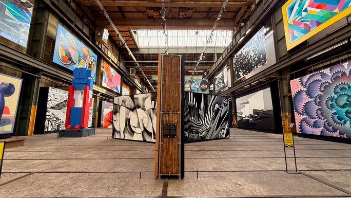 Street art from around the world is displayed throughout the museum. Street art from around the world is displayed throughout the museum.