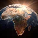 A depiction of planet Earth with Africa at the center.
