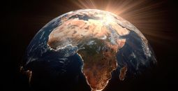 A depiction of planet Earth with Africa at the center.
