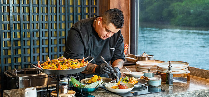 Chef prepares a meal onboard the AmaMagdalena