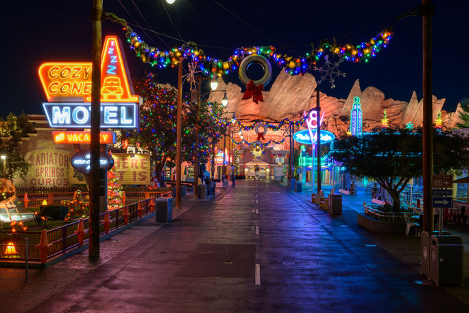 Cars Land decked out for the holidays at Disney California Adventure park, Anaheim, California.