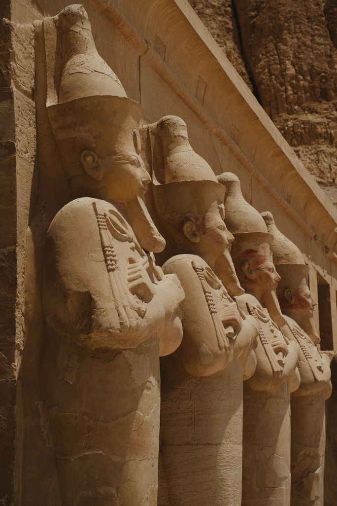 Statues at the Temple of Hatshepsut in Deir el-Bahari, Egypt. Statues at the Temple of Hatshepsut in Deir el-Bahari, Egypt.