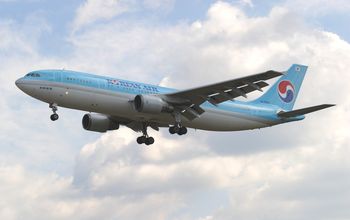 Korean Air twin engine widebody approaching for landing