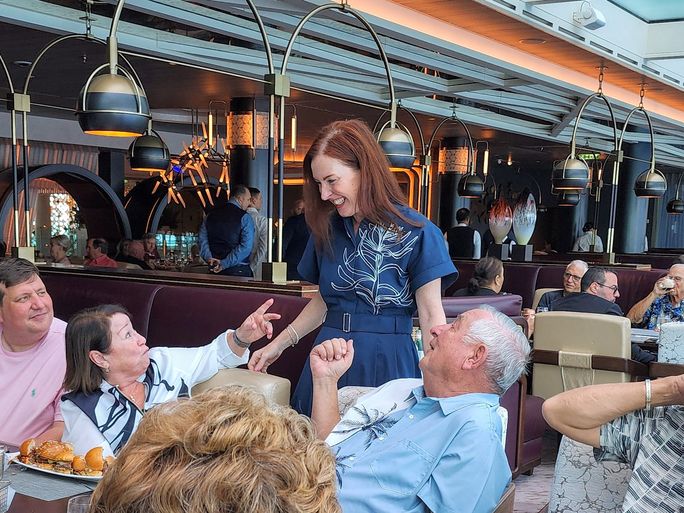 Celebrity Cruises President Laura Hodges Bethge mingles with guests aboard the 2024 President's Cruise.