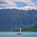 Outrigger canoe sailing in Kaneohe Bay, Oahu, Hawaii.
