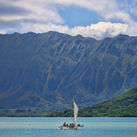 Outrigger canoe sailing in Kaneohe Bay, Oahu, Hawaii.