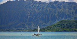 Outrigger canoe sailing in Kaneohe Bay, Oahu, Hawaii.
