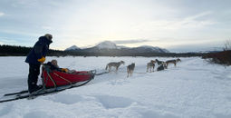 The author (seated) and his husband try out dogsledding at the Southern Lakes Resort in Canada's Yukon Territory