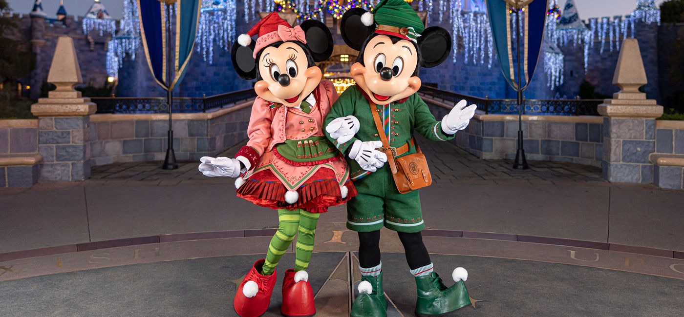 Image: Mickey Mouse and Minnie Mouse dressed in their new holiday attire at Disneyland, Anaheim California. (Photo Credit: Disneyland Resort)