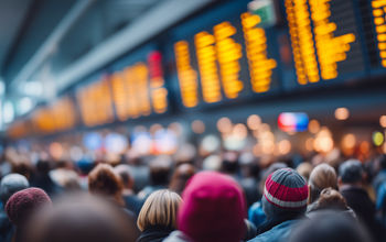 Airline passengers waiting in crowded airport terminal