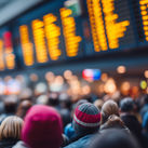 Airline passengers waiting in crowded airport terminal