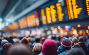 Airline passengers waiting in crowded airport terminal